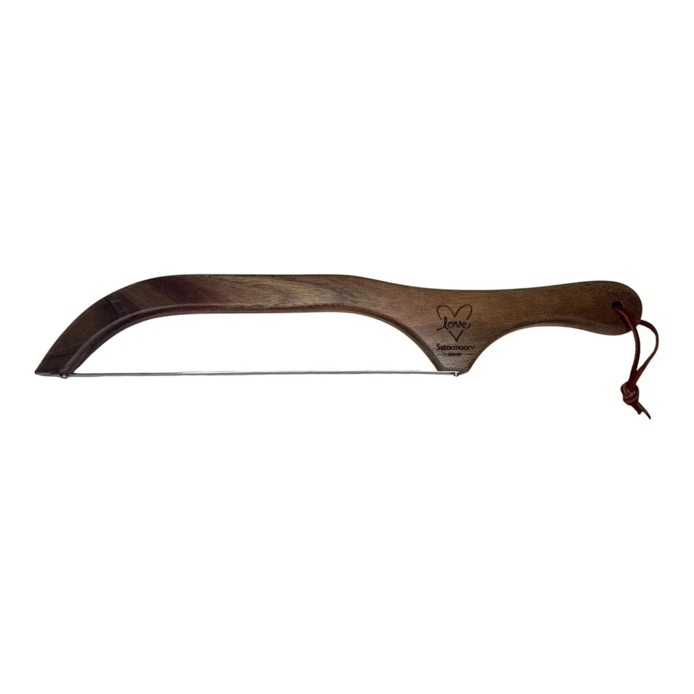 5 STAR MOON Fiddle Bow Bread Knife NEW Acacia Wood Serrated Blade Leather Strap